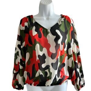 Camouflage Pattern Women Mesh Shirt, Long Sleeve Top, See Through Shirt Size M